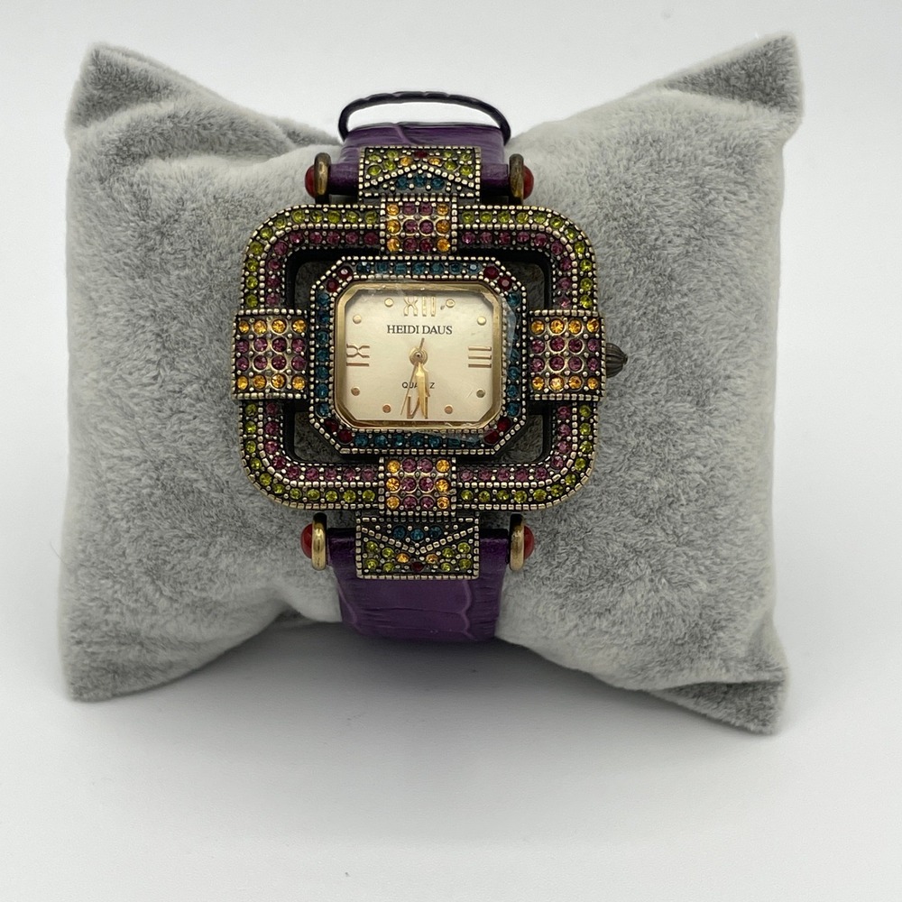 Heidi Daus Leather Purple Art Deco Swarovski Crystal Watch B7978 New Battery - Picture 4 of 7